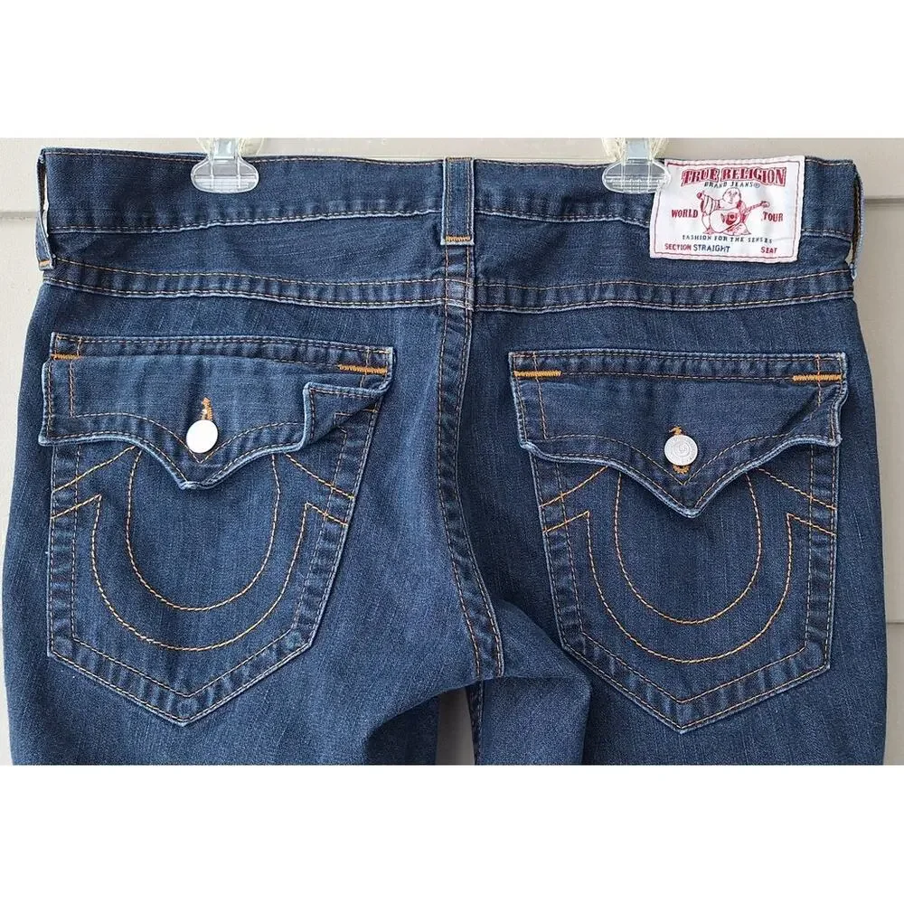 True Religion World Tour Men's Straight Flap Blue Jeans 100% Cotton Size 38x33